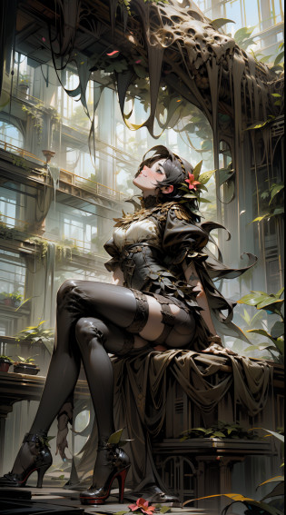 ((SFW)),Masterpiece, High Quality, Photorealistic, Cinematic Direction, High Contrast, Depth of Field, Award-winning Difference Photography, Face Details, Detailed Drawing, Girl sitting on a large sofa in the middle of a greenhouse overgrown with tropical plants, numerous colorful flowers in bloom, all kinds of tropical fruits in the middle of a greenhouse, a giant snake wrapped around a woman, ( Dazzling sunlight: 1.3), summer, (summer sky), ((flowers)), colorful background, ((fruits)), colorful fruits, (dazzling glow: 1.8), smile, (invincible smile), staring at bushes, (big: 1.5), big bust, (((black underwear, black high heels, black garter belt, black stockings: 1.5)), (long legs: 1.5), accurate skeleton, precise proportions, ( Girl reaching her hands to the sky, girl looking up: 1.2),