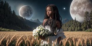an awarded photo of a 1girl  black skin   Adut Akech 4d0t4k3ch afro black long hair, flower in the hair ,  folclor outfit ,slavic dress,  (small reasts:1.3), natural skin, in perfect willage landscape in the moon in future, artificial atmosphere, glass sphere,flowers, wheat on plains, wooden hauses, cows, and small river,  detailed skin, detailed face, ultradetailed, ultrasahrp, masterpiece, perfect quality, fullbody, natural lights, natural shadows, realistic shadows, ambient oclusion, boekh, realsitic, ultrarealsitic, photorealsitic, landscape with hight detailed character <lora:add_detail:1>  <lora:hipoly_3dcg_v7-epoch:0.5 360> photorealsitic <lora:LunarPunkAI:1>