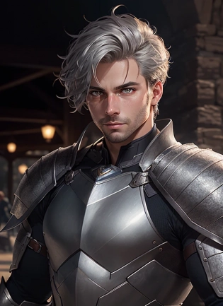 award winning portrait photo of a man, sharp focus, digital painting, concept art, smooth, sharp focus, rule of thirds, dark fantasy, intricate details, medium shot, (shallow depth of field:1. 3), Gray hair, silver armor, Long sword, tavern, male, muscles, short hair
