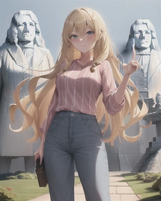girl, long curls, highlights, lowlights best blonde girl hair, south dakota, mount rushmore, faces carved on hill, george washington, usa, mount rushmore park, afternoon, casual outfit, pants, cute. anime, anime faces, happy, created by Artgerm, volumetric lighting, photography, holga, 300mm lens f3. 5, aesthetic, full body shot, facing camera