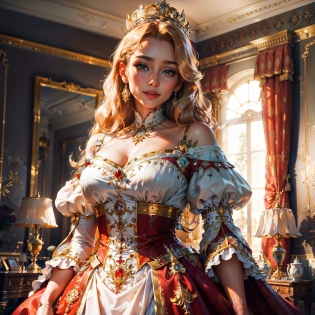 ((best quality)), (masterpiece), (realism), highres, 8k, radiant smile, magnificent queens room, elegant, beautiful, intricate details