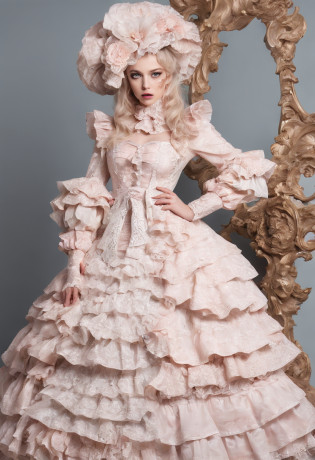there is a dress on a mannequin, rococo ruffles dress, rococo dress, baroque dress, intricate fantasy dress, ornate frilly dress, romantic dress, frilly outfit, fantasy dress, frill, lolita style, full dress, ((lolita fashion)), long sleeves dress, many layers lolita dress, palatte color include black and white