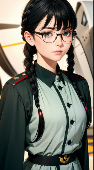 Modest outfit, remote shot, detailed beautiful delicate face, detailed beautiful delicate eyes, perfect facial proportions, high-definition skin, fine skin, four-inch best ratio. With one thumb, a masterpiece, highly detailed, realistic, (World War II German general uniform reference : 1.8), the highest face resolution, adult, modestly dressed woman, dressed entirely, ( small, black hair, black straight bangs, super fine braids, straight bangs, red glasses, dark green eyes), future, science fiction, fighter plane, standing On the landing of a fighter plane, the government agency, a deep intelligent personality, a calm expression, a respectful face, a war, a fighter plane