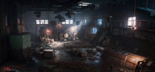 there is a room with a clock and a lot of junk, photorealistic dark concept art, dark abandoned cyberpunk factory, post apocalyptic factory, post apocalyptic setting, fallout environment, unreal engine render concept art, factory background, inspired by Ismail Inceoglu, fallout concept art, james gurney cinematic lighting, [[empty warehouse]] background, detailed textures and lighting