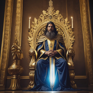 La imagen muestra un imponente rey de mediana edad, de aspecto noble y sabio, vistiendo una corona adornada con gemas brillantes. His gaze reflects a deep understanding and empathy, mientras sostiene una espada en una mano y un cetro en la otra, symbolizing his role as leader and protector of his kingdom.

The king is surrounded by an aura of warm light radiating from his figure., symbolizing the redemption and wisdom he has acquired on his journey. Behind him, se extiende un paisaje diverso que representa su reino restaurado: majestic mountains, lush forests and serene rivers that flow as symbols of peace and prosperity.

In a corner of the image, se encuentran las sombras de los hombres y mujeres que cayeron en la batalla, whose ethereal figures are constant reminders of the king's responsibility to his people. These figures are combined with the mirages of power that beset him in his quest for redemption., manifesting as dark and blurred reflections that contrast with the light emanating from the king.

La imagen captura el momento culminante de la historia, where the king has found his purpose and demonstrated that heart power and compassion are the true tools of a leader. The combination of visual elements evokes a sense of hope and renewal, transmitiendo el mensaje de que, Even in the darkest of times, Redemption and wisdom can change the destiny of a kingdom and the soul of a king.