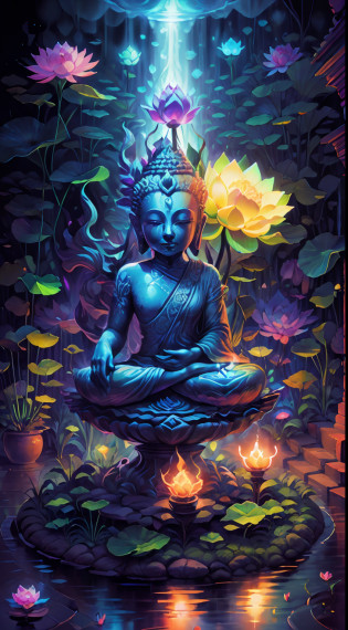 There is a lotus flower glowing in the dark, a glowing flower, a glowing flower, a Buddha sitting on a lotus flower, a magical colorful flower, a surreal flower of a waiko, a glowing neon flower, a glowing delicate flower --auto