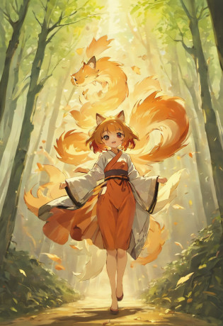 Two-shot photo of a girl and a fox,(Fantasia,Kitsune Yokai Four-Tailed Heavenly Fox,),(Girl and Fox Yokai: The Tale of the Four-Tailed Heavenly Fox), (With a girl bent down deep in the forest and looking up,Fox Yokai Two-shot movie of a fox protecting a girl's back Poster of the four-tailed heavenly fox), (natural soft light.)(Sunlight,),(Sunlight,),(Professional Lighting.), (glossy light brown and orange two-tone color,,Wave Shortcut Hair,disheveled hair,),japanese kimono,Geta,Cute round face red lipstick,A cute smile that makes the viewer happy, autumn forest,Strong wind soaring over dead leaves