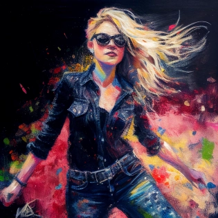 Full body shot, portrait of a young woman, black lace top, high waisted jeans, black leather boots, wearing rose color sunglasses lenses, in the style of the matrix, blonde hair, palette knife, intricate artwork with a style is characterized by use of loose, spontaneous brushwork and a bright, luminous color palette to capture the effects of light and movement in the impressionistic paintings, soft natural light, 85mm, sunshine on her body, cinematic lighting, lumen reflections, photography, stunning environment, Hyperrealism, cgi, octane render, raytracing
