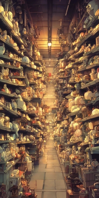 store full of curious collectibles :: incredible, anime, Digital 2D, animated by Kyoto Animation, Studio Ghibli, Miyazaki, AKIRA art style, beautiful, gorgeous, dramatic lighting, rule of thirds, perfect composition, trending on ArtStation, 4k --ar 1:2 --quality 2