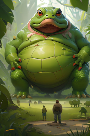 A big bitcoin, masterpeace, There is a man standing next to a huge statue of a toad, Jabacht, Jabba the Hart, Elon Musk ?? Jabba the Hutt?English?Jabba the Hutt?, Donald Trump plays Jabba the Hutt?English?Jabba the Hutt?, giant and fat, humanoid turtle monster, big toad, sylvain sarrailh and igor morski, Frog - elephant creature