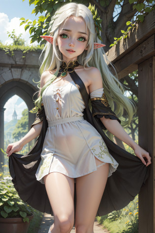 The elf stands and looks at the camera, A girl stands at a fair, green eyes and white hair, The wind lifts the skirt, You can see the underpants, blue skies, Beautiful clear blue sky, green hairpins in the hair, skinny waist, Slender figure, Appearance of the model, confusion, sexuality, nahida, pixie, elf ears, Beautiful ears, green colored eyes, People's casual clothes, black clothing, pantyhouse, black tights, little chest, You can see the, Upskirt, black clothing, White underpants, Elf Girl, Sweet girl, attractive anime girl, beautiful anime girl, Cute beautiful anime woman, detailed digital anime art, beautiful anime girl, beautiful anime girl, Anime with small details, Best Quality, Masterpiece, Ultra-detailed, Beautiful, hight resolution, Original,CG 8K ??????????????????, perfect artwork, beatiful face, Face Clean, Skin, hyper realistic, Ultra Detailed, A detailed eye, dramatic  lighting, (Realistic) Realistic, Full HD, Best Quality, Best Quality, Beautiful lighting, (8k wallpaper of extremely detailed CG unit), High Details, sharp-focus, The art of dramatic and photorealistic painting, beautiful smile,
