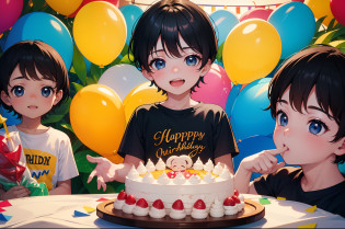 Description of a photo of a boy boy celebrating his second birthday, Imagine a bright morning full of joy and joy, You find yourself in a beautiful garden decorated with colorful balloons and bright decorations, See a beautifully decorated table filled with colorful cakes and sweets, Watch the little boy celebrate his second birthday, Wearing a colorful and cheerful outfit, The child seems happy and excited for this special occasion, You watch the baby laugh and enjoy having friends and family around you, He sits on a small chair and tries to blow out the candles on a delicious birthday cake, He wishes the child with all strength and happiness and everyone starts clapping and cheering full of joy, You feel warm and happy watching this special moment, You see other children playing, Laugh, enjoy toys and gifts, Laughter and joy fill the air, And feel the happiness and joy of this little boy who is celebrating his second birthday, This is a picture of a child celebrating his second birthday, Surrounded by friends, Family and joy, The child feels happy and cheerful and enjoys gifts, Sweets and special moments, ((The color of the cake is green)), (The child has a beige skin color), ((Black Eyes)), (2 Years), (Birthday Party 2), Balloon No. 2, ((Baby boy)), ((Baby)), 8k, Quilty Altitude, Realistic, Beautiful realism, outstanding detail, RAW photo, Realistic clothes, realistic hair, Light and cool lighting, realistic photo, Cel shaded, Gel lighting, ultra-detail, realistic eyes, (Black hair)