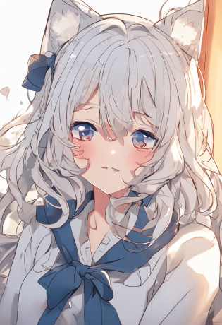 Sunlight floods into the bedroom?Anime two-dimensional girl with long white hair by the window?Pure and cute cat-eared girl?White hair and blue eyes?Dark blue head rope?Eyes drawn?extremely cute?Long silver-white gradient hair?asymmetricalbangs?The expression is lively and mischievous?hyper HD?Enthusiastic?tmasterpiece?laughing joyfully?bright sun?high qulity?style of anime?Warm background?Blue and white dress?There is a faint flush on the cheeks?Kitten headdress?Blue and white bow tie?Warm background color?Light yellow background?Bedroom bed?The movements are natural?Warm background color?Light yellow background?Expressive hair?Picture above the thigh?