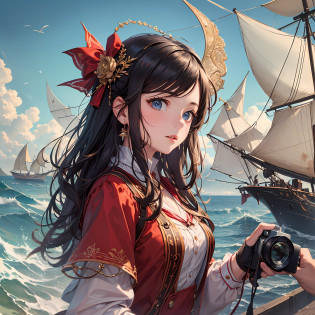 (masterpiece, ultra-quality, ultra-detailed), landscape, young girl, Assol, Scarlet sails, girl looking from the shore to the sea, camera looking at the sea, intricate details, sailboat with scarlet sails, scene from Alexander Green's novel 