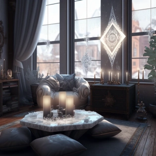 indoor apartment, meditation room with big window, peaceful atmosfere, candles, big crystals and small crystals on table, realistic, full room view, cinematic 8k ultra hd --chaos 1