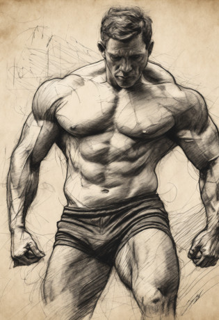 Coarse charcoal sketch on old paper, Muscular male image,Dynamic pose,Clean line art,+Expressive lines,Painting in an expressive sketch style, hatching, Black and white sketch, handpainted, Coarse charcoal sketch on old paper, Muscular male image,Dynamic pose,Clean line art,+Expressive lines,Painting in an expressive sketch style, hatching, Black and white sketch, handpainted, sketching, Linear style::Sketch note style sketch, Linear style::Sketch note style