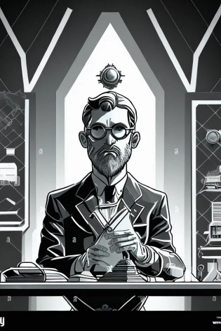 A shockingly detailed monochromatic vector illustration of "Mr. Wolfe" examining a strange and otherworldly object while sitting at a research station desk, full-body shot, in diagonal profile, in the style of Philip Bond, asymmetric, eyepatch, inked outline, comic book drawing, character design, hyperrealism detail, on white background --v 4
