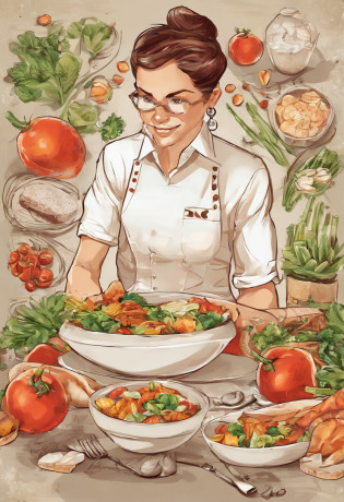 ember, who sits at the table and enjoys eating salad, The table is full of delicious, healthy food