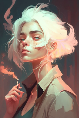 creat an image for a person with white hair, smoking, sharp eyes, gentel, suite, and is inspired by the digital artist Yanjun Cheng, as well as other artists such as Beeple, Rhads, and Lois van Baarle. The style of the illustration is cartoon-like and features bright pastel colors, resulting in a beautiful artwork that resembles a retro anime guy. --ar 2:3 --q 2 --q 2