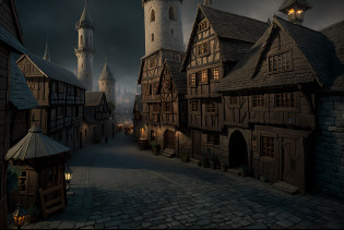 there is a very old town with a wizard tower in the background, medieval city background, gloomy medieval background, medieval town, realistic photo of a town, medieval city, medieval town landscape, highly detailed matte painting, 3d render and matte painting, a small medieval village, fantasy town setting, medieval village, a medieval city, matte painting with high detail, dramatic volumetric lighting, cinematic look, gaslamps