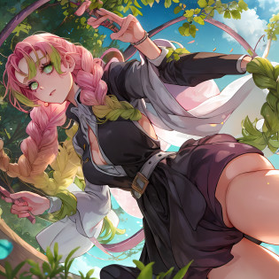 majo, (melhor qualidade, obra-prima, super detalhado: 1.5), perfect  lighting,1 girl, onli 1 girl In the distance, corpo inteiro, foco no rosto, 1 girl, Mitsuri (Demon Slayer), menina bonita, Sympathetic face ((Mitsuri (Demon Slayer))), a girl with long pink-green gradient hair and green eyes, exposta, calcinha aparecendo, bunda empinada, bunda pro alto, ((( bunda aparecendo)))