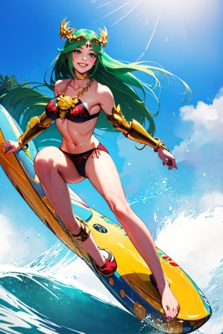 (masterpiece, best quality:1.2), <lyco:kidicarus_palutena-15:1.0>, <lyco:Surfing:0.8>, solo, 1girl, palutena, grin, surfing, waves, forehead jewel, tiara, swimsuit, bikini, jewelry, necklace, large breasts