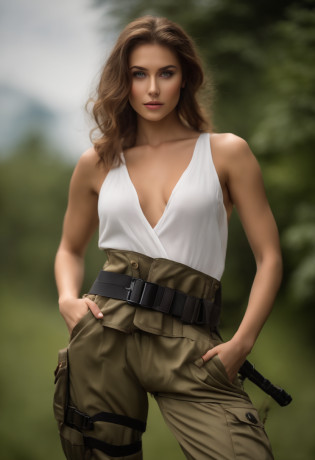full body, female soldier wearing satin ultra loose harem cargo utility pants with pockets tucked into high heeled knee-high boots tank top and waist belt chest straps meticulously detailed full body view, Raw photography?22-year-old girl, (1girl in)?(realisitic)?(Photorealsitic:1.5)?lipstickornfreckles?(Raw photography?8K UHD?film grains)?Sharp eyeliner?Blush eyeshadow with thick eyelashes?extremely delicate and beautiful?8K?(Soft lighting)?hightquality?hight resolution?foco n�tido?ighly detailed?during the day?(sunlight on face)?beatiful detailed eyes? extremely detailed eye and face??masterpiece?(lighting like a movie)?(high-detail skin:1.2)?8K UHD?Digital SLR?Soft lighting?hightquality?film grains??masterpiece, top-quality, high quality, high resolution