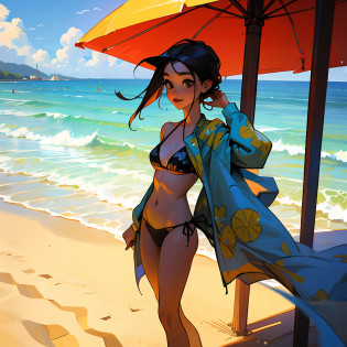 Uma jovem negra, andando na praia, com flores amarelas no cabelo, wearing bikini with flower prints, corpo bonito, apenas uma mulher em cena, in front of the camera with wide-angle lens, she's wearing simple tight clothes, micro bikini, realista, imagem extremamente detalhado, figura extremamente detalhada, ((apenas uma garota em cena)) --auto
