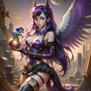 Twilight Sparkle, Twilight Sparkle from My Little Pony, Twilight Sparkle in the form of a girl, long hair, lush hair, Steampunk, body from steampunk mechanisms, golden gears, not human, gear leather, purple boots, full-length, purple wings, big angel wings purple, steampunk style, purple magic, a lot of magic, star nets, best quality, very detailed, ultra 8k resolution