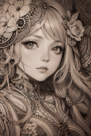 absurdres, highres, ultra detailed, (ultra-detailed background, detailed background), extremly detailed, 1girl, bunch of flowers, (zentangle:1.2), (geometric:1.2),