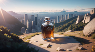 A perfume bottle, close-up on a mountaintop view with a city skyline in the background on a sunny day, flare, shadows of trees on the ground, large rocks and vegetation, a giant tree, photorealistic, automotive, canon 5D ultra wide lens