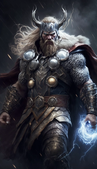 Hyper-realistic game character Thor the God of Thunder, with hyper detailed intricately symbolic armor, Mj�lnir in his right hand, lightning bolts emanating from him, standing at the entrance of Valhalla --q 5 --ar 9:16 --v 4 --s 250