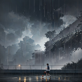 1. Basketball court: There needs to be a clear basketball court in the image, including standard basketball hoops, basketball courts, fences, etc. 2. Heavy rain: There needs to be obvious rainstorm weather in the image, including dense water mist, wet ground, falling rain, etc. 4. Boys: The image needs to have a group of boys playing basketball, which can be several people or more players. They should wear sportswear, sneakers, sports caps, etc. 5. Water droplets: In heavy rain weather, there need to be clear water droplets in the image, which can be water droplets on basketballs, floors, clothes and other items. 7. Running water: In heavy rainy weather, there will be flowing water on the ground, and the effect of flowing water can be added to the image to better express the heavy rain weather. 8. Lightning and thunder: In heavy rain, there may be lightning and thunder, which can enhance the atmosphere of the image. 10. Gray and dull: In heavy rainy weather, the overall tone of the image should be dull, and the gray effect can be added to better express the atmosphere of heavy rain weather.  --6 --auto --s2