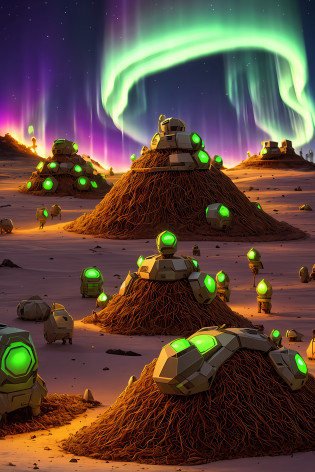 An anthill inside the server, computer boards in the form of defensive structures stick out on all sides, a strange glow of the color of the 