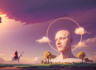 A male bald head sculpture giant grows out of the ground, bald eyes burning with light, the white halo burning above the giant's head emits a halo and floats clouds, Little Red Riding Hood rides a holy deer and looks at the giant, The bald giant is surrounded by flowers and trees, The giant is like an island, glowing light wheel ring, surreal, 8K, Buddha nature fantasy world, science fiction, ultra hd detail, super realistic, great work, halo and flame, background mountains and clouds, sea water reflection below, great detail, HD photography, Forest Breath, Self Heating Breath, 8K HD wallpaper digital art, inspired by Mike Winkelman, style by Cyril Rolando