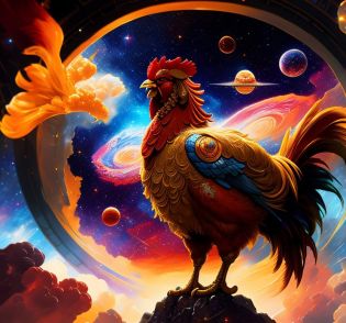 masterpiece, best quality, intricate details, octane render, 8k, gigantic elegant rooster, galaxy rooster, bionic, cyborg, robotic, photo realism, impasto impressionism, by pino daeni, Leonid Afremov, space, stars, planets, moons, nebula,