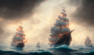 (mdjrny-v4 style:1. 2), very detailed front view a big fire on a pirate ship alone from one piece sailing, dynamic sky, storm sky, with light piercing through stormy clouds, birds near the ship, rough sea, crepuscular rays, volumetric lighting, pixiv art, cgsociety, highly detailed, anime art, greg rutkowski, symmetrical, artgerm, wlop, anime art, by greg rutkowski, trending on artstation, pirate ship fanart