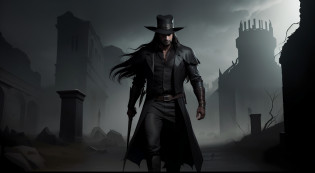 solomon kane, The Dark and Mysterious Demon Hunter, has a striking and enigmatic appearance. Ele tem uma estatura alta e esguia, com ombros largos e uma postura imponente. his hair is black and short, and his eyes are deep and intense, Sempre vigilantes. Your skin is pale, contrasting with the thick and well-groomed beard that gives him an austere appearance.
 Regarding clothes, Solomon Kane usa um longo sobretudo preto, Made of sturdy leather and adorned with mysterious symbols and protections against evil. He wears a white shirt with a bow, dark pants and leather boots. His appearance is a combination of a demon hunter and a dark gentleman.
The scenery is a dark and sinister landscape, with gnarled trees and a dense mist hanging in the air. Ancient and mysterious ruins can be seen in the background, evoking a sense of mystery and antiquity. The atmosphere is charged with tension and danger, como se a qualquer momento um mal desconhecido pudesse surgir das sombras.
 Solomon Kane's pose is a mix of confidence and caution. Ele empunha sua espada com firmeza, ready to face any threat that may arise. Your eyes are alert, escaneando o ambiente em busca de qualquer sinal de perigo. His expression is serious and determined, revealing the relentless determination that drives him on his mission to hunt down and destroy evil.
The style of the image will be a dark and realistic illustration, with meticulous details in Solomon Kane's clothes and facial expression. The predominant colors will be dark and gloomy tones, como preto, cinza e marrom, to emphasize the sinister and dark atmosphere of the character and the setting.
 The image will be created using digital illustration software, with digital painting techniques to create a realistic and detailed finish. Light and shadow effects will be applied to create a dark and mysterious environment, which reflects the essence of the character Solomon Kane.