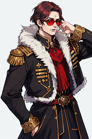 Emet Selch, 1boy, brown hair, coat, epaulettes, fur trim, fur-trimmed coat, male focus, multicolored hair, photo background, red-tinted eyewear, short hair, sunglasses, third eye, tinted eyewear, two-tone hair, upper body,green hair <lora:Hades_V2:0.6>