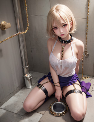 Realistic, One Girl, Japan Person, Very Short Hair, Parted Lips, Makeup, Blonde, Shine, Thighs, Purple Eyes, Bare Shoulders, Clavicle, Narrow Waist, Sunbeam, Rose, Cutting, Masterpiece, Sweat, Cleavage, Navel, ((Girl is smeared with white liquid)), (Hair is wet)), (Full body)))), (Face to knee)))), (High leg)))) , (dirty toilet), ((((Chained collar)))), bowel movement is reaching its limit, diarrhea, urge to urinate, Japanese toilet, arms are restrained behind the body, (Confined)))), (being tortured)))), bewitching smile, chained shackles, chained shackles, garter belts, dog-walking