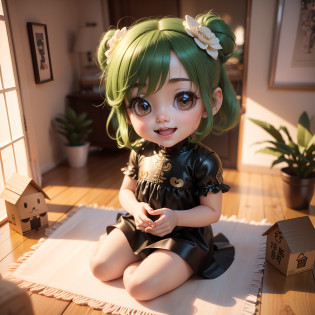 Cute Baby Chibi Anime(((Chibi 3D))) (Best Quality), (masutepiece)?Dark green hair?Open your mouth and smile?Chibi Cardboard House?specimen?houseplant?Dazzling light in the morning?Sit on cardboard?in a house?Small face????A detailed face?Jewelry Decoration Costumes?