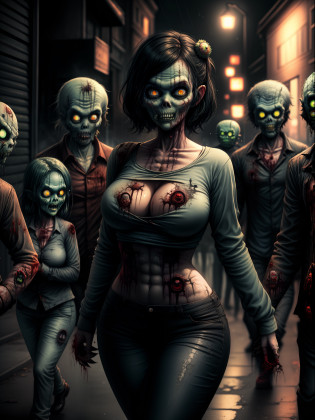 ((whole body):1.5) ((1woman):1.5) and ((Zombie Men):1.5) 1woman:{blue shirt and long black pants, shirt and pants extremely tight on her body, she has extremely heavy breasts, has short blue hair, has green eyes, is doing sexual pose, smiling, she is walking}; Zombies: {walking behind 1 woman, they are trying to get her}; background: {grim city, night, raining heavily, with lots of Zombies}, 16k, high quality, high detail, UHD,