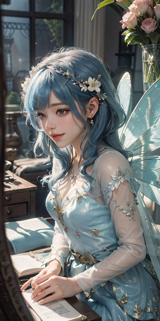 There is a woman with fairy wings sitting on the bed, fairy tale aesthetics, beautiful adult fairy, beautiful fairy, portrait of a fairy, beautiful fairy, light blue hair, fairy core, ethereal fairy tale, beautiful fairy, portrait of a fairy, fairy, ethereal wings, fairy, beautiful adult book fairy, ethereal fantasy, smiling like fairy queen, fairy queen, ((masterpiece)), 16K, UHD