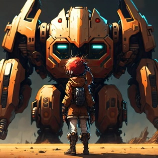 little girl standing in front of a giant mech robot| concept art| powerful scene| anime scene| key visual| absolutely outstanding image