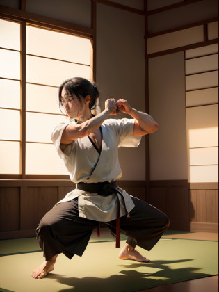 Create an artwork that portrays the essence of Japanese martial arts as guardians of peace. Envision a serene dojo nestled in a tranquil Japanese garden, with martial artists engaged in disciplined training. Capture the grace, precision, and meditative spirit of their movements. Emphasize the harmony and respect that martial arts instill in practitioners, as they dedicate themselves to both physical and spiritual growth. This image should convey the message that martial arts are a force for peace and self-improvement