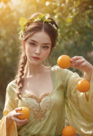 (?????,Best quality), (8K, Best quality, Masterpiece), ((NSFW)),Best quality, Masterpiece, illustration,CG ,Unity ,the wallpaper, offcial art, Amazing, finedetail, An extremely delicate and beautiful,Extremely detailed, Highly detailed, Sharp focus,Rich background,The background is blurred out, ((Small breasts)) The robe sparkles like citrus fruits, This banshee wields the power of oranges, lemons, and limes. She has a glowing sphere at the top of her staff?The color can be changed, Like the shadow change of the sunset on an orchard. Her hair was combed into intricate braids?It is decorated with citrus slices, Her eyes sparkled like freshly squeezed juice,Upper body