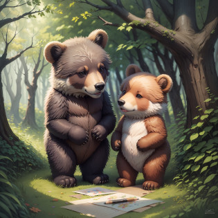 animal, two bears, small, talking. forest. Drawing in colorful, enchanted, children's graphite --auto --s2