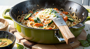 Vegetable Spaghetti with Pesto Sauce, realistic, igredientes: 2 medium zucchini
2 medium carrots
1 tablespoon olive oil
2 cloves of garlic, minced
1/4 cup cashew nuts or pinoli
2 cups fresh basil leaves
1/4 cup grated Parmesan cheese (optional)
3 tablespoons extra virgin olive oil
Salt and pepper to taste, preparation: Using a spiralizer or vegetable peeler, cut the zucchini and carrots into a spaghetti shape. Book.

In a large skillet, heat a tablespoon of olive oil over medium heat. Add the chopped garlic and saute for about 1 minute, or until fragrant.

Add the vegetable spaghetti to the skillet and saute for 2 to 3 minutes, stirring occasionally, just to heat the vegetables.

While the vegetables cook, prepare the pesto sauce. In a food processor, add cashew nuts or pinoli, basil leaves, grated Parmesan cheese (if you're using it), extra virgin olive oil, salt, and pepper. Process until obtain a homogeneous mixture.

Pour the pesto sauce over the vegetable spaghetti in the skillet. Mix well to wrap all the vegetables with the sauce.

Cook for another 1 to 2 minutes, just to heat the pesto sauce.

Remove from heat and serve vegetable spaghetti with pesto sauce on individual dishes.