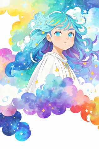 ((masterpiece)), (((best quality))), ((ultra-detailed)), ((illustration)),[realism light effect],shadow,(Fantasy style),(white background:1.6), simple background, (earth theme),(a cloak)[(hair focus,((1girl)),[(big slime hair): (cloud hair):0.3], (hair on background),(high saturation),(hair surrounded by galaxy splashes),)):((her hair is becoming galaxy clouds,:1.27628), (hair and clothes is galaxy clouds and cluster of stars:1.1025),(a cloak is becoming galaxy clouds)(colorful_galaxy_print_clusters_of_stars_print:1.35),((detailed starry sky with colorful galaxy and galaxy clouds):1.2)):0.35], (((masterpiece))),(((best quality))),((ultra-detailed)),(illustration),(dynamic angle),((floating)),(paint),((disheveled hair)),((beautiful detailed face)),collar,bare shoulders, ((colorful hair)),((streaked hair)),beautiful detailed eyes,(Gradient color eyes),(((colorful eyes))),(((colorful background))),(((high saturation))),(((surrounded by colorful splashes))),(((surrounded by colorful dot))),colorful bubble,((shining)),