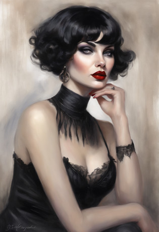 A portrait of an alluring goth girl with short black hair, a small bust, and a curvy figure posing with her finger gently pressed against her lips as she gazes downward. She sits on the floor, her legs partially crossed wearing a short, black pleated skirt that reveals her pale thighs and sheer black thigh-high stockings. Her jet black, pixie-cut hair frames her face. She wears dark purple lipstick that matches her black corset, accentuating her tiny waist and ample hips. A black choker collar sits around her elegant neck. Her eyes are cast downward with alluringly darkened lashes. She exudes a mysterious yet beguiling aura. The lighting accentuates the contours of her curvy, petite posed form and clothing details. The nondescript background keeps the focus on her gesture and outfit. The image is photorealistic with intimate detail.